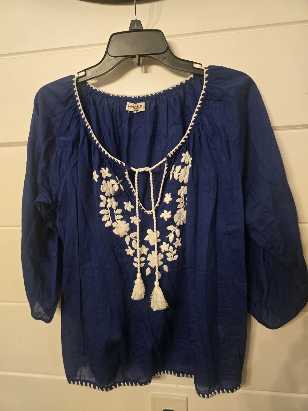 O NATURAL LIFE Royal Blue Peasant Tunic with White Embroidery Medium